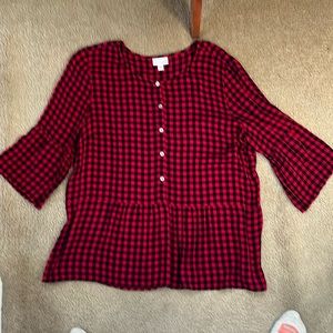 JJILL Red/Black Check Top Size LP 3/4” Sleeve